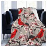 LodiSFOA Lightweight Microfiber Plush Throw Blanket Air Conditioner for Couch Bed Sofa Travel All Seasons (Cardinals Birds Cherry Flowers, 40\×50\in) - Retail: $19in