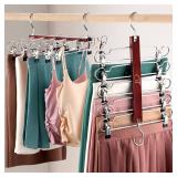 Outink 2 Pack Skirt Hangers with Clips, Space Saving Beechwood 5 Tier Pants Hangers with 360° Swivel Hook, Closet Organizer for Skirts, Pants, Tank Top-College Dorm Room Essentials (Brown)