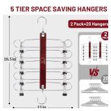 Outink 2 Pack Skirt Hangers with Clips, Space Saving Beechwood 5 Tier Pants Hangers with 360° Swivel Hook, Closet Organizer for Skirts, Pants, Tank Top-College Dorm Room Essentials (Brown)