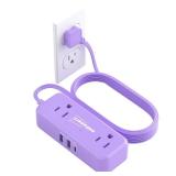 Purple Small Power Strip, 4 AC Outlets 3 USB Ports (17W Fast Charge), 5 Ft Flat Extension Cord, Travel Cute Kawaii Purple Desk Accessories - Retail: $15