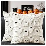 MIULEE Halloween Pillow Covers Cute Ghost Spooky Throw Pillows Set of 2 Soft Plush Faux Fur Decorative Cushion Covers for Couch Sofa Bed Porch Living Room Halloween Decor 20x20 inch Cream White - Reta