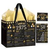EoBeCy 50th Birthday Gift Bags for Men Women, Back in 1975 Gift Bag with Tissue Paper, Poster and Greeting Card, Black Gold Wrapping Paper for 50 Year Old Birthday Decorations - Retail: $9