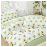SAPHREAS Green Love Pattern Duvet Cover Set Full Size 2pcs 100% Cotton Yellow Floral Bedding Comforter Set 2pcs 1 Duvet Cover 2 Pillow Shams - Retail: $50