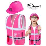 Handepo Construction Worker Costume Kids Hard Hat Construction Vest Goggles Toddler Dress Up Set Birthday Party Girls Boys(Pink, Black) - Retail: $28