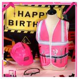Handepo Construction Worker Costume Kids Hard Hat Construction Vest Goggles Toddler Dress Up Set Birthday Party Girls Boys(Pink, Black) - Retail: $28