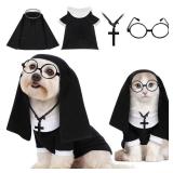 Huhumy 4 Pcs Dog Halloween Nun Costume Set Pet Nun Clothes with Lensless Glasses Cross Necklace Funny Cat Puppy Cosplay Party Outfits for Halloween Dogs Cats Dress Up Holiday Uniform Cosplay(M) - Reta
