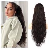 Flufymooz Ponytail Extension, 26 Inch Drawstring Ponytail Hair Extensions for Women? Long Curly Wavy Pony Tail Natural Wavy Synthetic Hairpiece for Women Daily Use party (26 Inch Black Brown) - Retail