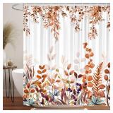 VEIGIKE Fall Floral Shower Curtain, Cute Autumn Red and Gold Leaves Flower Harvest Fabric Shower Curtains Set for Bathroom, White Restroom Decor Accessories with Hooks 72X 72 Inch - Retail: $16