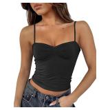 ForeFair Women Y2K Sweetheart Neck Sleeveless Crop Tank Tops Backless Spaghetti Strap Pleated Bustier Camis Going Out Top(M,Black) - Retail: $15