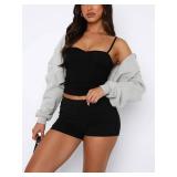 ForeFair Women Y2K Sweetheart Neck Sleeveless Crop Tank Tops Backless Spaghetti Strap Pleated Bustier Camis Going Out Top(M,Black) - Retail: $15