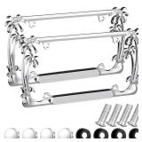 MorningRo 2 Pcs Palm Tree License Plate Frame Plastic Beach Coconut Tree Design Frame Compatible with Standard License Plate for USA 2 Holes with Screws for Women Men (Sliver) - Retail: $12
