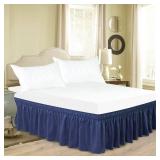 Biscaynebay Wrap Around Bed Skirts for Queen Beds Short Drop of 12\, Navy Adjustable Elastic Dust Ruffles Easy Fit Wrinkle Resistant Silky Luxurious Fabric Machine Washable - Retail: $18in