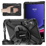 BRAECNstock for Samsung Galaxy Tab S10 Lite/ S10 FE/ S9 FE/ S9/ S8/ S7 5G Case 10.9\/11\in, Shockproof Protective Case with Pencil Holder, 360° Rotating Hand Strap and Stand, Shoulder Strap, Black - 