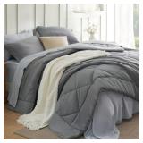 Bedsure Full Size Comforter Set - 7 Pieces Reversible Grey Bedding, Full Size Bed Set for All Seasons, Bed in a Bag with Down Alternative Comforter, Sheets, Pillowcases & Shams