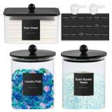 Glass Laundry Pods Container & Acrylic Dryer Sheet Holder with Balck Bamboo Knobs Lids, Scoops & Labels | Premium Laundry Room Organization and Storage for Detergent Pods, Powder, Dryer Balls & Beads