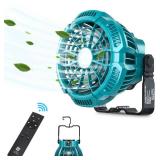 Hiesuan Fan for Makita 14.4V-18V Li-Ion Battery, Portable Camping Fan with Remote, 3 Speed Brightness, 4H Timer, Foldable Hook Rechargeable Cordless Jobsite Small Personal Fan