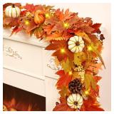 Fall Garland for Mantle, 5.9 Ft Fall Leaves Garland with Pumpkins Maple Leaves for Thanksgiving Home Table Outdoor Decor