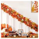 Fall Garland for Mantle, 5.9 Ft Fall Leaves Garland with Pumpkins Maple Leaves for Thanksgiving Home Table Outdoor Decor