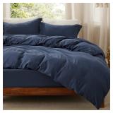 Bedsure Duvet Cover Queen Size with Fitted Sheet - 4 Pieces Prewashed Cotton-Like Extra Soft Bedding Set, Includes 1 Duvet Cover 90x90 Inches with Zipper Closure, 2 Pillow Shams, 1 Fitted Sheet, Navy