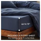 Bedsure Duvet Cover Queen Size with Fitted Sheet - 4 Pieces Prewashed Cotton-Like Extra Soft Bedding Set, Includes 1 Duvet Cover 90x90 Inches with Zipper Closure, 2 Pillow Shams, 1 Fitted Sheet, Navy