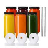 CLQLC Glass Juice Bottles with lids, 6 Pack with 2 Straws & 6 Lids with Hole- 16 oz Travel Drinking Jars,Juicing bottles Reusable Glass Mason Jar for Juice,Bubble Tea, Smoothie, Tea, Kombucha