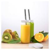 CLQLC Glass Juice Bottles with lids, 6 Pack with 2 Straws & 6 Lids with Hole- 16 oz Travel Drinking Jars,Juicing bottles Reusable Glass Mason Jar for Juice,Bubble Tea, Smoothie, Tea, Kombucha