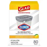 Glad Medium Trash Bags, 8 Gallon, Lemon Fresh Bleach Garbage Bags, Resists Bacterial Odors with Drawstring, 80 Count