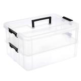 JUXYES 2-Tiers Stack Carry Storage Box With Handle, Transparent Stackable Storage Bin With Handle Lid Latching Storage Container for School & Office Supplies (Top Lid Is Cracked)