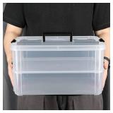 JUXYES 2-Tiers Stack Carry Storage Box With Handle, Transparent Stackable Storage Bin With Handle Lid Latching Storage Container for School & Office Supplies (Top Lid Is Cracked)
