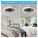Flarouch Socket Fan Light with Remote, 13 inch Socket Ceiling Fan with Dimmable Led Light, 3 Colors 3000K-6500K, 3 Speeds, Flush Mount Ceiling Fans with Lights for Bedroom, Kitchen, Living Room-White