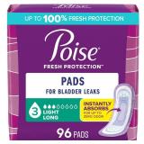 Poise Incontinence Pads & Postpartum Incontinence Pads, 3 Drop Light Absorbency, Long Length, 96 Count (4 Packs of 24), Packaging May Vary