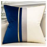 Avigers 18 x 18 Inches Navy Blue White Gold Leather Striped Patchwork Velvet Cushion Case Luxury Modern Throw Pillow Cover Decorative Pillow for Couch Living Room Bedroom Car