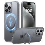 TORRAS Magnetic Ostand for iPhone 15 Pro Max Case, Military Grade Drop Tested Compatible with MagSafe Build in Kickstand] Translucent Hard Back Anti-Fingerprint 6.7" 2023, Natural Titanium Grey