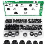 Aienxn 136PCS 6 Metric Sizes Black Carbon Steel Hex Flange Nuts Assortment Kit -M3, M4, M5, M6, M8, M10