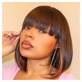 ToyoTress Peek-a-boo Color Brown Bob Wigs With Bangs - 14 Inch Blunt Cut Bob Wig For Black Women, Light Yaki Straight Hair Daily Costume Shoulder Length Synthetic Hair Wigs (14 Inch, SH4/30)