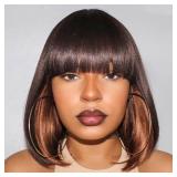 ToyoTress Peek-a-boo Color Brown Bob Wigs With Bangs - 14 Inch Blunt Cut Bob Wig For Black Women, Light Yaki Straight Hair Daily Costume Shoulder Length Synthetic Hair Wigs (14 Inch, SH4/30)
