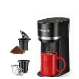 Horavie Mini Single Serve Coffee Maker for K Cup and Ground Coffee, Fast Brew One Cup Coffee Machine with Descaling Reminder and Water Window, 6 to 12 oz. Brew Sizes, Black Powers On