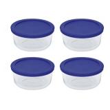 Pyrex Storage 4 Cup Round Dish, Clear with Blue Lid - Original Genuine Pyrex - Pack of 4 Containers