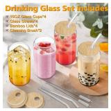 sungwoo 4PCS Glass Cups with Bamboo Lids and Straws, 16OZ Ice Coffee Cup, Drinking Cup set with Wooden Lids, Home Essential Glass Tumblers for Beer, Cocktail, Tea and Latte Clear