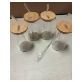 sungwoo 4PCS Glass Cups with Bamboo Lids and Straws, 16OZ Ice Coffee Cup, Drinking Cup set with Wooden Lids, Home Essential Glass Tumblers for Beer, Cocktail, Tea and Latte Clear