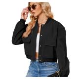 Zando Black Jacket Women - Short Black Cropped Jacket Women Button Down Womens Jackets Fall with Side Pockets Long Sleeve Baseball Varsity Jackets Womens for Daily Work Outdoor Travel Parties M