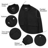 Zando Black Jacket Women - Short Black Cropped Jacket Women Button Down Womens Jackets Fall with Side Pockets Long Sleeve Baseball Varsity Jackets Womens for Daily Work Outdoor Travel Parties M