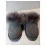 APPEARS NEW - UGG Gray Fur-Trimmed Slippers (Size 5)