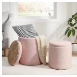 Round Ottoman with Storage Set of 2,Small Foot Stool Ottoman for Living Room, Small Coffee Table,Vanity Stool with Storage for Bedroom, Pink