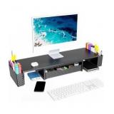 Spacrea Metal Desk Organizers and Accessories, Dual Monitor Stand Riser with Drawer and 2 Pen Holders, Desk Accessories & Workspace Desktop Organizers for Office Supplies (Black)