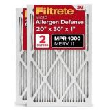 Filtrete 20x30x1 AC Furnace Air Filter, MERV 11, MPR 1000, Micro Allergen Defense, 3-Month Pleated 1-Inch Electrostatic Air Cleaning Filter, 2 Pack (Actual Size 19.81 x 29.81 x 0.81 in)