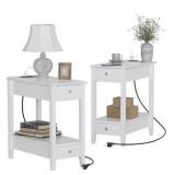 Treocho End Tables Living Room Set of 2, Narrow Side Table with Charging Station, White Table Bedside Sofa for Small Spaces, Living Room, Bedroom