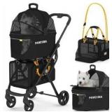PAWZIDEA Double Pet Stroller with 2 Detachable Carriers, Portable Dog Crate for Car Travel & TSA-Approved Expandable Cat Carrier, Foldable Lightweight Jogger Stroller for 2-4 Cats or Small/Medium 