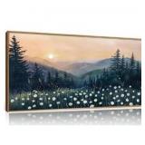 KAIRNE Large Mountain Landscape Wall Art, Watercolor Forest and Misty Pine Tree Canvas Print, Nature Scenery Artwork for Living Room Bedroom Office Decor, Rustic Wood Frame Ready to Hang, 20x40inch