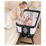 3 in 1 Baby Bassinet Crib with Breathable Mesh, Bassinet Bedside Sleeper with Wheels, Mosquito Net, Storage Basket, 6 Height Adjustable, Easy to Fold, Rocking Bassinet for Baby, Black